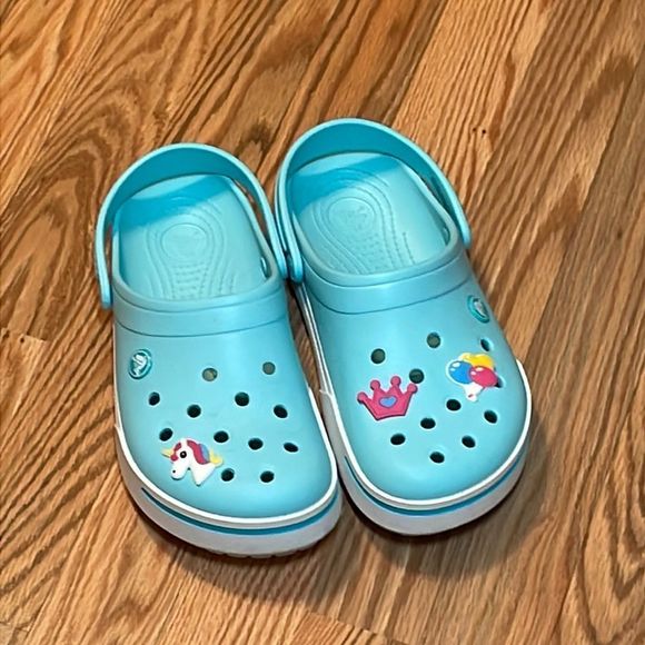 Crocs Light Teal Blue, white Stripe, Clogs, Sandals W 9 - Picture 2 of 9